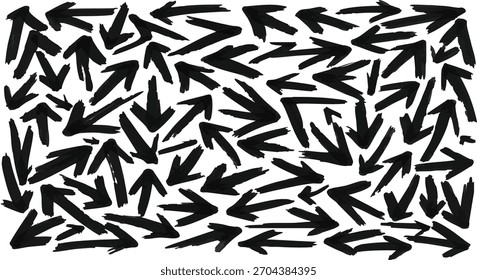 Abstrato design textura parede cheia de ponteiros grossos pretos esmagadora sinais direcionais conceito de movimento.