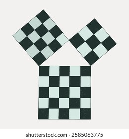 Abstract design with three checkered squares. Checkered pattern features prominently. Geometric shapes create a dynamic checkered visual. Minimalist checkered art. Vintage art illustration, vector.