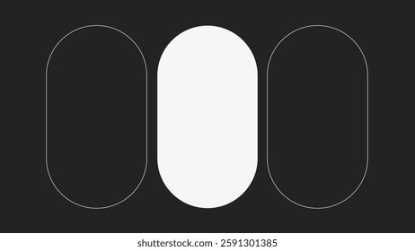 Abstract design with three elongated ovals on a dark background. Central oval is white, flanked by two dark ovals. Minimalist, geometric, abstract art. Frame vector with copy space.