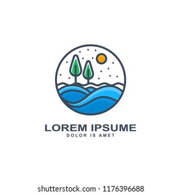Abstract design tree  and sea icon, eco landscape  logo template vector illustration