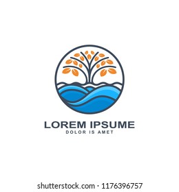 Abstract design tree and sea icon, Nature wave logo template vector illustration