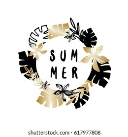 Abstract design with tropical leaves and flowers in gold and black, isolated on white background.