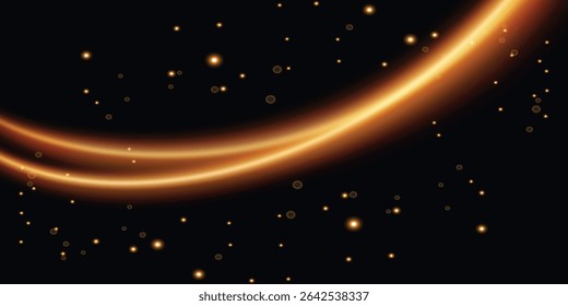 an abstract design with two curved golden-orange light lines on a black background surrounded by scattered light dots.