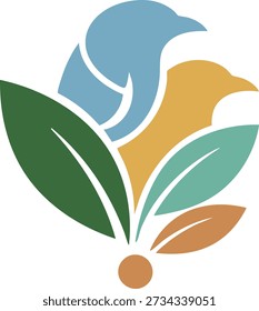 Abstract design of two stylized birds in blue and yellow nestled among layered green, teal, and brown leaves with orange center dot, symbolizing nature growth and avian harmony