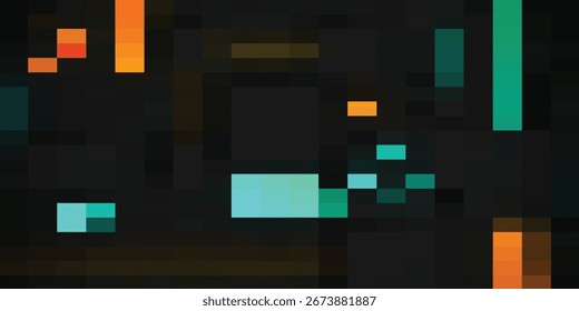 Abstract design with various colored pixelated squares and rectangles on a dark background.