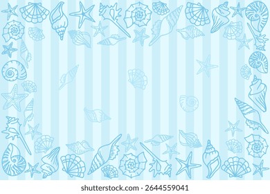 Abstract design of various seashells and starfish in blue outlines on a vertical blue stripes background, with copy space at the center for text. 