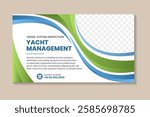 abstract design of vector conceptual banner template for home landing page, horizontal illustration with space for photo, yacht management as example of headline. green and blue gradient elements