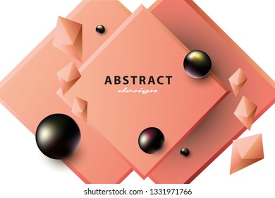 Abstract design vector illustration. Geometric design. Black balls and peach color rhombus. 3d effect.