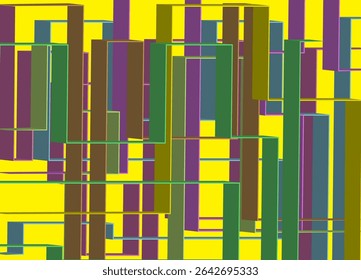 Abstract design with vertical lines and rectangles in green, purple, brown and blue on a contrasting bright yellow background