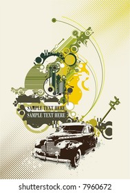 abstract design with vintage car on grunge & tech background