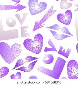 Abstract design in violet colors. Vector illustration. Valentine's day seamless pattern with kiss, love word and hearts on a white background.