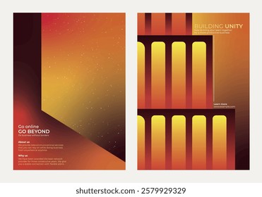 Abstract design with warm colors, featuring geometric shapes and gradients. Modern layout with text promoting online business and unity. Bold, vibrant, and dynamic. Innovative business templates.