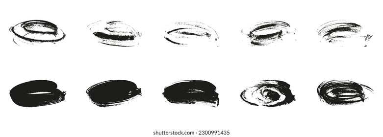 Abstract Design of Watercolor Black Ink Paint. Round Brush Collection. Graphic Element in Swirl Shape. Circle Grunge Frame Set. Isolated Vector Illustration.