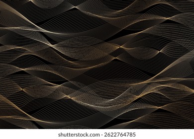 Abstract design of wavy lines in gold and yellow colors, contrasted with dark background, to create a sense of depth and movement.
