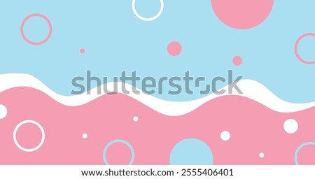 Abstract design with a wavy white line. The image is split into a light blue top with pink and white circles and a light pink bottom with blue and white circles, creating a playful look.