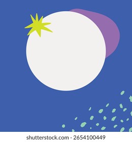 Design abstrato com um círculo branco, estrela amarela e sombra roxa em um fundo azul. Formas abstratas e cores abstratas criam uma aparência abstrata moderna. Vetor de quadro com espaço de cópia.