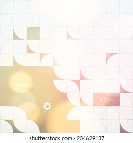 Abstract design with white geometric shapes, your text and colorful bokeh effects background Eps 10 stock vector illustration 