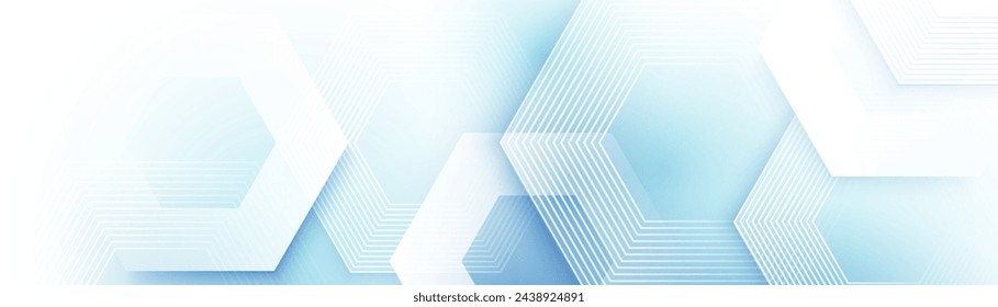 Abstract design with white glowing hexagon geometric lines background. Modern minimal trendy blue lines pattern. Healthcare background. Vector illustration