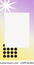 Abstract design with a white rectangle, black dots, and a starburst on a gradient background. Modern and minimalist style with geometric shapes. Frame vector with copy space.