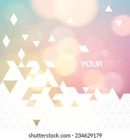 Abstract design with white triangles, your text and colorful bokeh effects background  Eps 10 stock vector illustration 