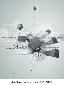 abstract design with wires, debris, and text