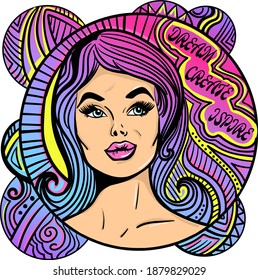 Abstract design with a woman and slogan Dream Create Inspire. Print for t-shirt, sticker etc. Hand-drawn vector illustration.