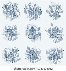 Abstract designs with 3d linear mesh shapes and figures, vector isometric backgrounds. Cubes, hexagons, squares, rectangles and different abstract elements. Vector collection.