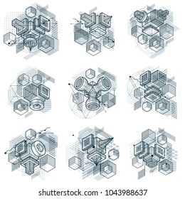 Abstract designs with 3d linear mesh shapes and figures, vector isometric backgrounds. Cubes, hexagons, squares, rectangles and different abstract elements. Vector collection.