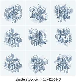 Abstract designs with 3d linear mesh shapes and figures, vector isometric backgrounds. Cubes, hexagons, squares, rectangles and different abstract elements. Vector collection.