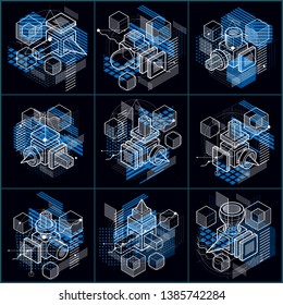 Abstract designs with 3d linear mesh shapes and figures, vector isometric backgrounds. Cubes, hexagons, squares, rectangles and different abstract elements. Vector collection.
