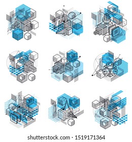 Abstract designs with 3d linear mesh shapes and figures, vector isometric backgrounds. Cubes, hexagons, squares, rectangles and different abstract elements. Vector collection.