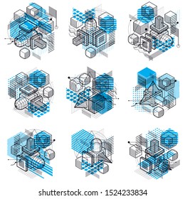 Abstract designs with 3d linear mesh shapes and figures, vector isometric backgrounds. Cubes, hexagons, squares, rectangles and different abstract elements. Vector collection.