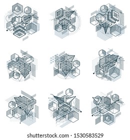 Abstract designs with 3d linear mesh shapes and figures, vector isometric backgrounds. Cubes, hexagons, squares, rectangles and different abstract elements. Vector collection.