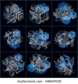 Abstract designs with 3d linear mesh shapes and figures, vector isometric backgrounds. Cubes, hexagons, squares, rectangles and different abstract elements. Vector collection.