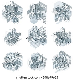 Abstract designs with 3d linear mesh shapes and figures, vector isometric backgrounds. Cubes, hexagons, squares, rectangles and different abstract elements. Vector collection.