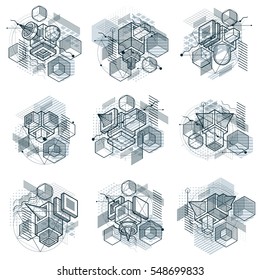 Abstract designs with 3d linear mesh shapes and figures, vector isometric backgrounds. Cubes, hexagons, squares, rectangles and different abstract elements. Vector collection.