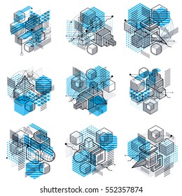 Abstract designs with 3d linear mesh shapes and figures, vector isometric backgrounds. Cubes, hexagons, squares, rectangles and different abstract elements. Vector collection.