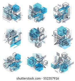Abstract designs with 3d linear mesh shapes and figures, vector isometric backgrounds. Cubes, hexagons, squares, rectangles and different abstract elements. Vector collection.