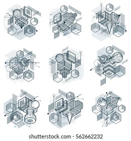 Abstract designs with 3d linear mesh shapes and figures, vector isometric backgrounds. Cubes, hexagons, squares, rectangles and different abstract elements. Vector collection.