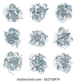 Abstract designs with 3d linear mesh shapes and figures, vector isometric backgrounds. Cubes, hexagons, squares, rectangles and different abstract elements. Vector collection.