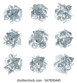 Abstract designs with 3d linear mesh shapes and figures, vector isometric backgrounds. Cubes, hexagons, squares, rectangles and different abstract elements. Vector collection.