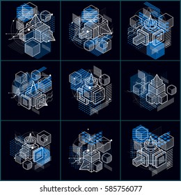 Abstract designs with 3d linear mesh shapes and figures, vector isometric backgrounds. Cubes, hexagons, squares, rectangles and different abstract elements. Vector collection.