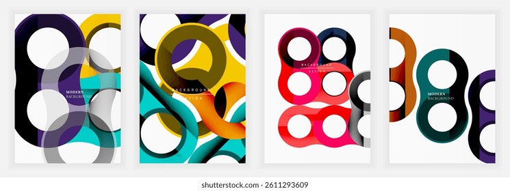 Abstract designs feature overlapping circles, vibrant colors, modern aesthetic. Backgrounds suggest dynamic compositions, geometric shapes, stylish visuals.