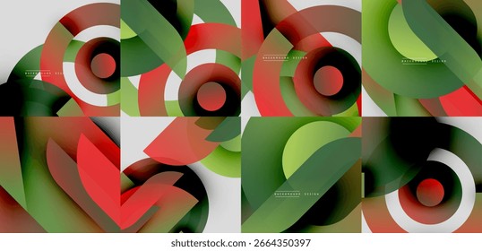 Abstract designs feature overlapping circles, vibrant colors. Red, green, white create dynamic visual patterns. Modern aesthetic, clean lines.