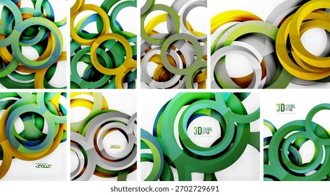 Designs abstratos apresentam círculos sobrepostos, cores vibrantes, gradientes. Composições modernas e dinâmicas sugerem movimento, profundidade.