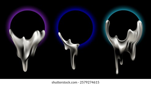 Abstract designs featuring Chrome metallic liquid dripping from black circular frames with neon glowing edges Set. Futuristic vector illustration for graphic design, branding, posters,digital artwork