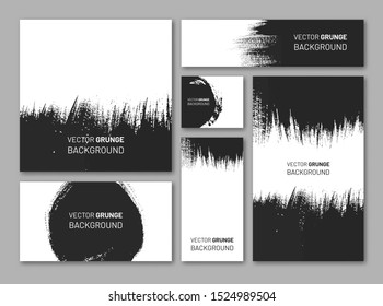 Abstract designs set with black paintbrush strokes. Universal painted frames with copy space for text. Grunge black border on white background. Hand drawn template for banner or book cover design.