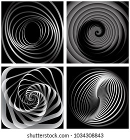 Abstract designs set. Illusion of swirl rotation movement.