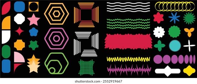 abstract designs and shapes Brutalist abstract shapes and grids. Brutal contemporary figure star oval spiral flower and other primitive elements. Swiss design aesthetic