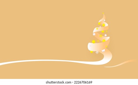 The abstract designs and shapes of Christmas tree line art decorated with xmas ornaments, stars, garlands on golden background. Merry Christmas and Happy New Year
